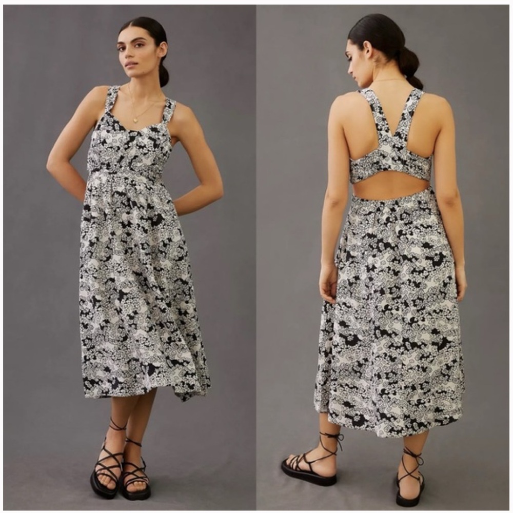 Anthropologie Printed Midi Dress Black Floral Linen Blend Cutout